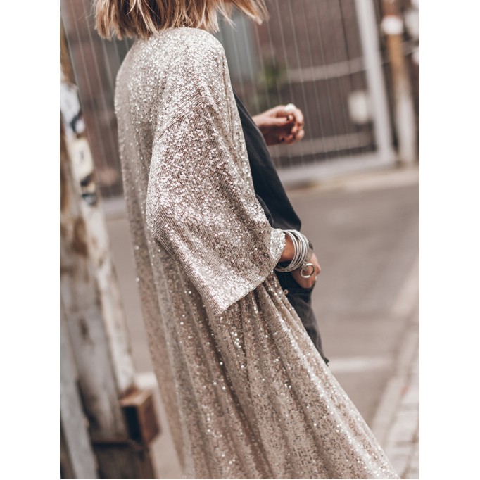 Sequin 3/4 Sleeve Open Front Duster Kimono