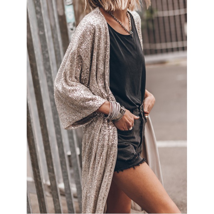 Sequin 3/4 Sleeve Open Front Duster Kimono