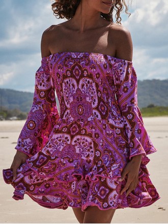 Sexy off-the-shoulder geometric print dress