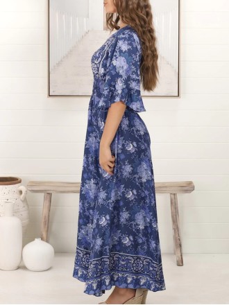 Short sleeve Bohemian slit print maxi dress