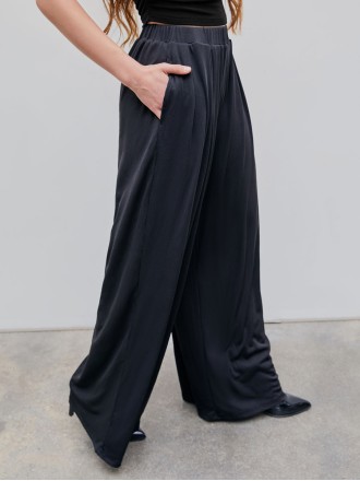 Solid Elastic Waist Wide Leg Pants