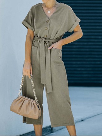 Solid V-neck casual jumpsuit