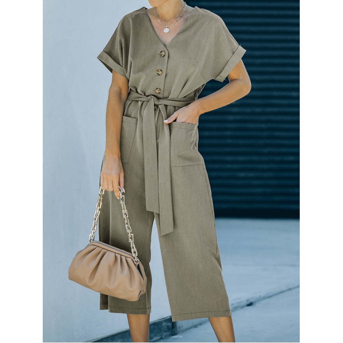 Solid V-neck casual jumpsuit