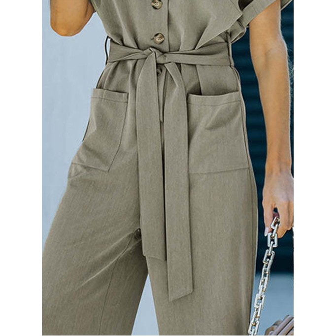 Solid V-neck casual jumpsuit