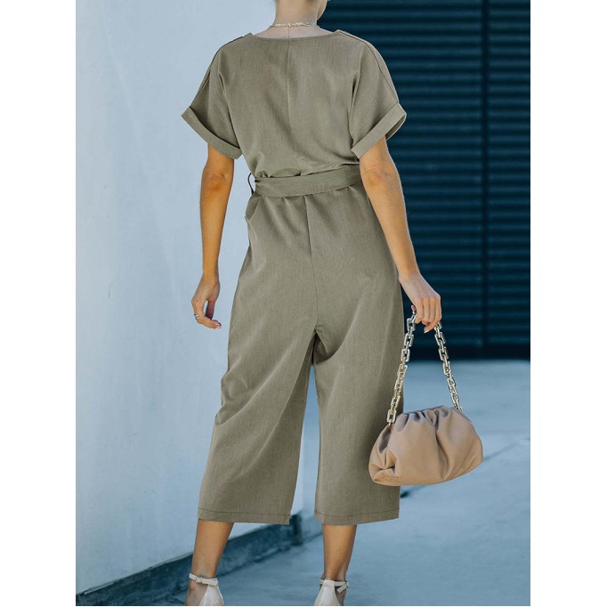 Solid V-neck casual jumpsuit