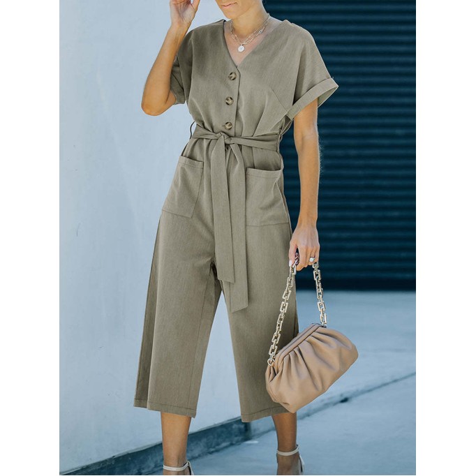 Solid V-neck casual jumpsuit