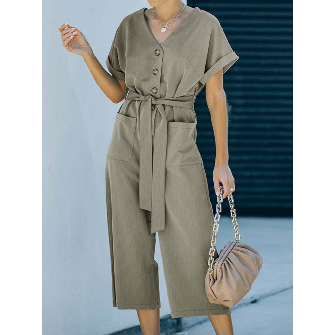 Solid V-neck casual jumpsuit