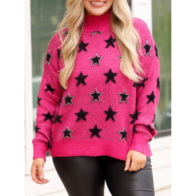 Star patterned rose red loose knit sweater