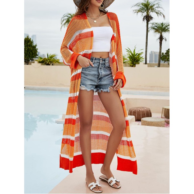 Striped Open Front Side Slit Duster Cover Up