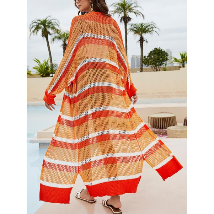 Striped Open Front Side Slit Duster Cover Up