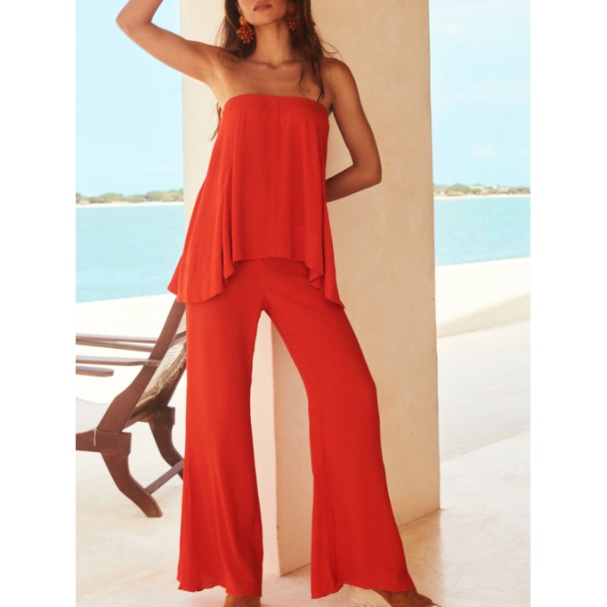 Summer red ladies holiday top + Pants 2 piece set