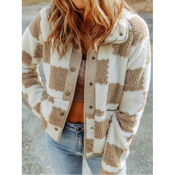 White Checked Snap Button Sherpa Jacket