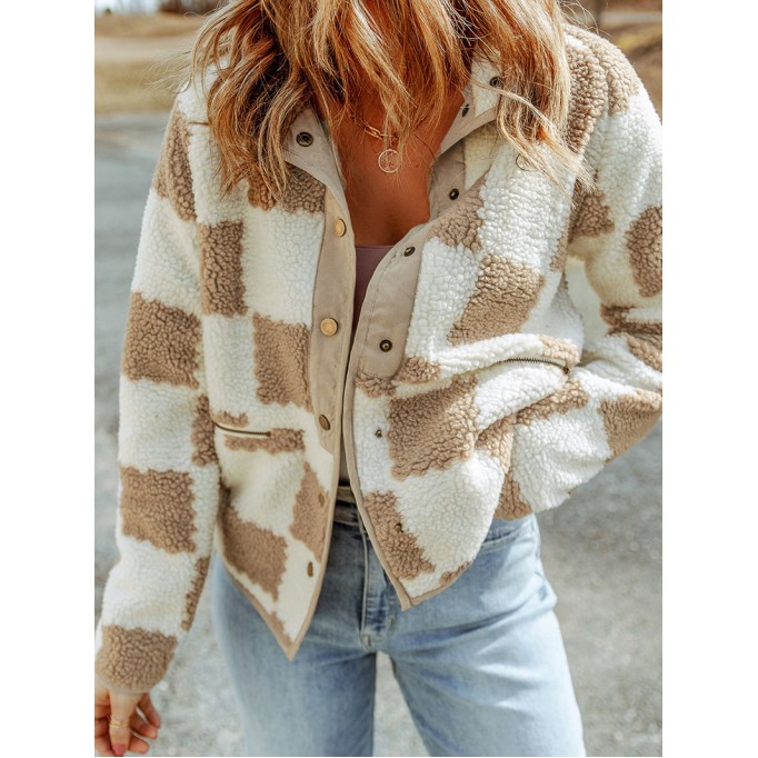 White Checked Snap Button Sherpa Jacket