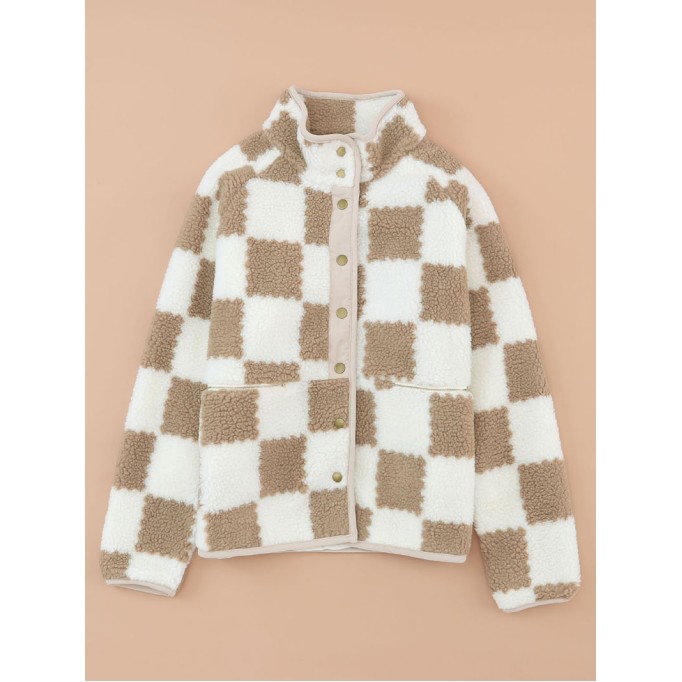 White Checked Snap Button Sherpa Jacket