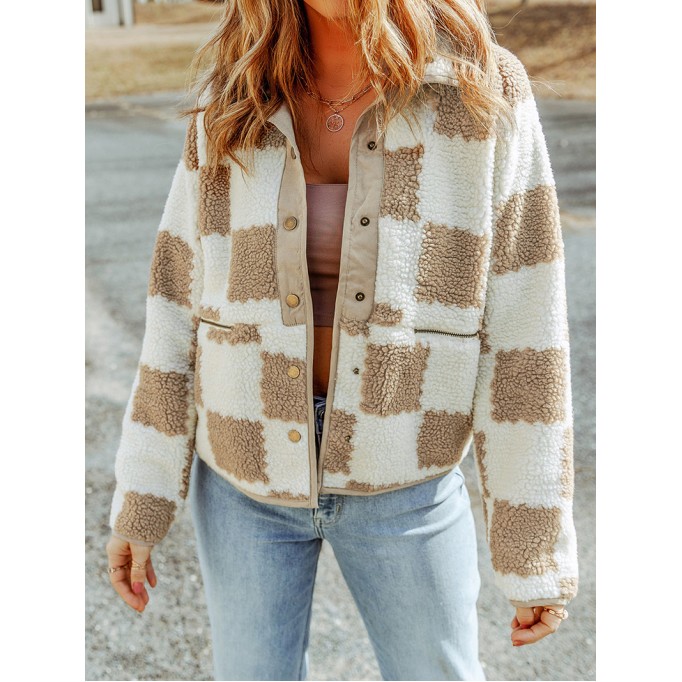 White Checked Snap Button Sherpa Jacket