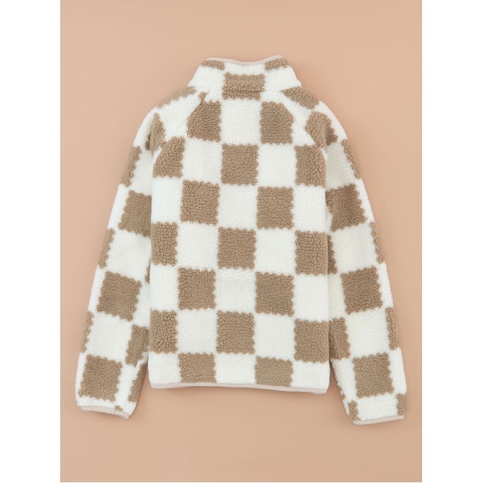 White Checked Snap Button Sherpa Jacket