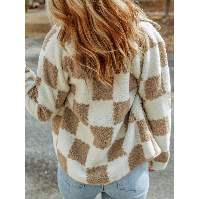 White Checked Snap Button Sherpa Jacket