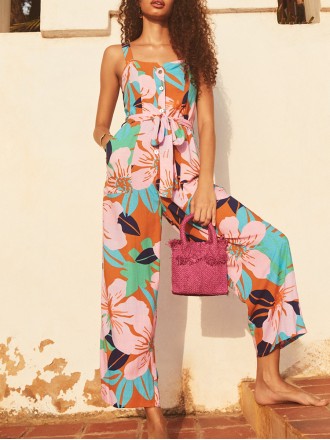 Women's floral-print holiday loose wide-leg jumpsuits