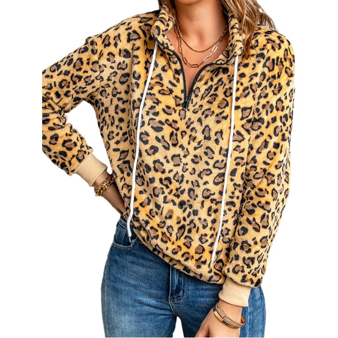 Women's leopard print drawstring long sleeve sweatshirt