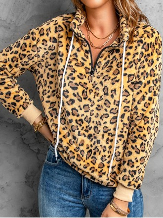 Women's leopard print drawstring long sleeve sweatshirt