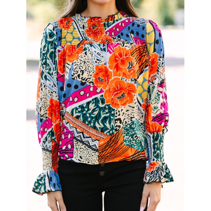 Women's long sleeve mixed print shirt