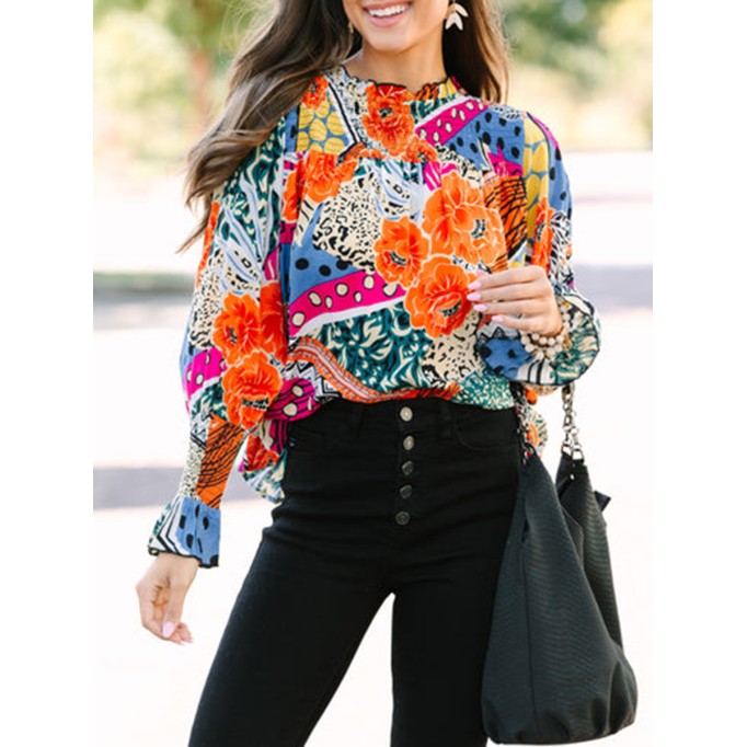 Women's long sleeve mixed print shirt