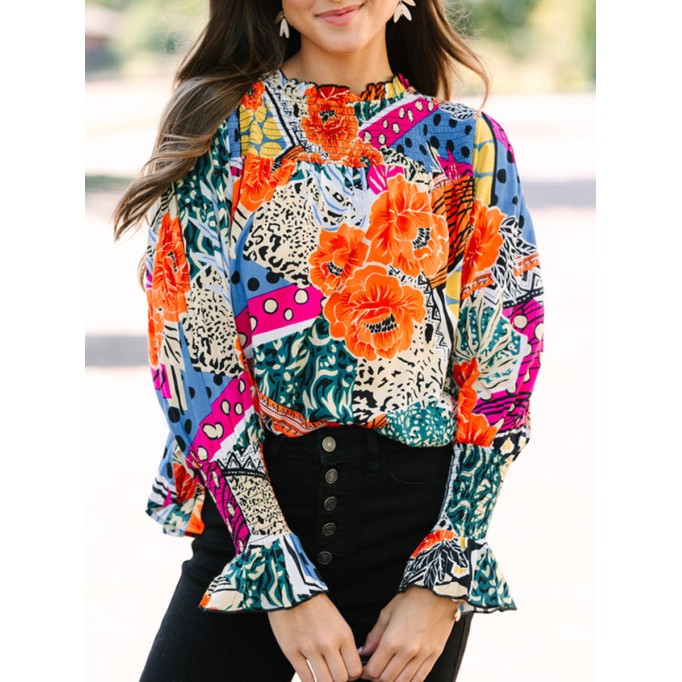 Women's long sleeve mixed print shirt