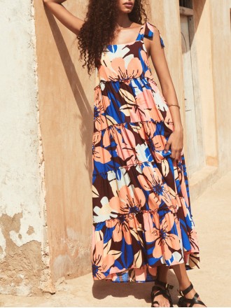 Women's printed holiday dress with shoulder floral print